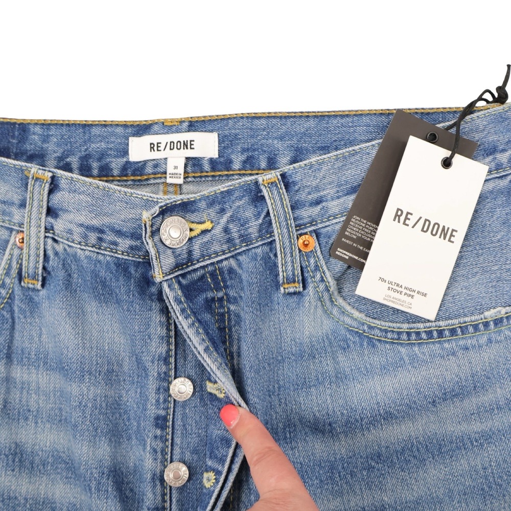 RE/DONE 70s Ultra High Rise Stovepipe Jean Worn Crystal Blue Rigid Cotton NWT 31 - Picture 3 of 6